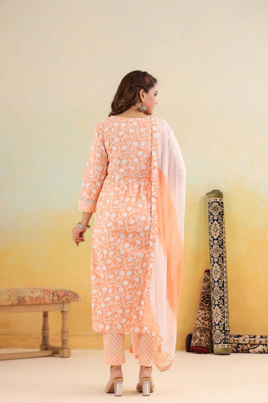 Peach Floral Printed Straight Kurta Set with Embroidered Yoke