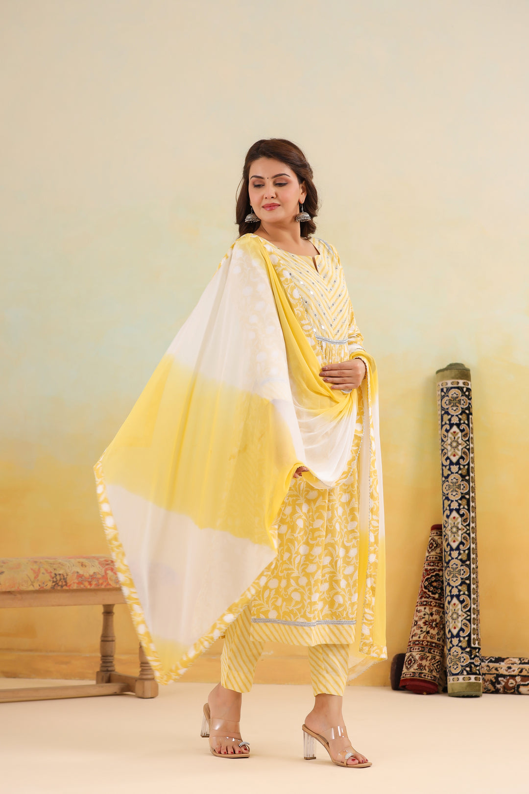 Yellow and white cotton kurta set with floral prints and dupatta for women