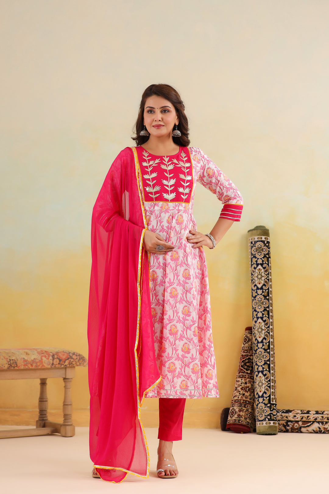 Pink floral printed cotton kurta set with embroidered yoke and matching dupatta for women
