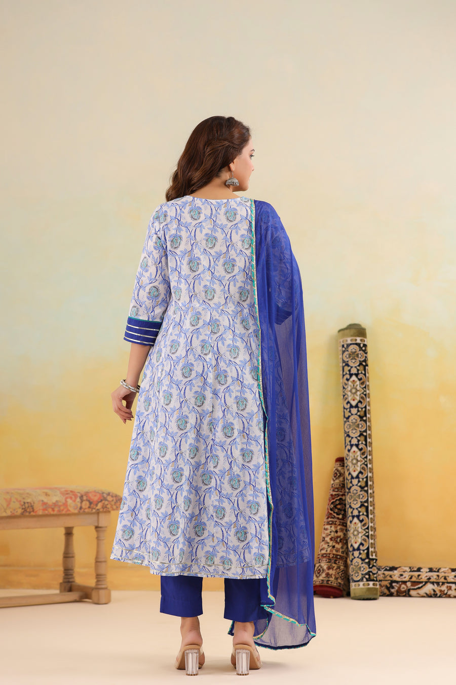 Blue Floral Printed Anarkali Kurta Set with Embroidered Yoke