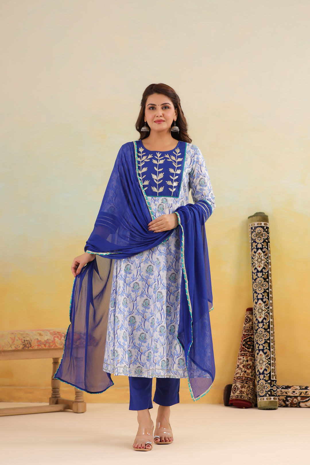 Blue and white floral printed cotton kurta set with embroidered neckline and matching dupatta for women