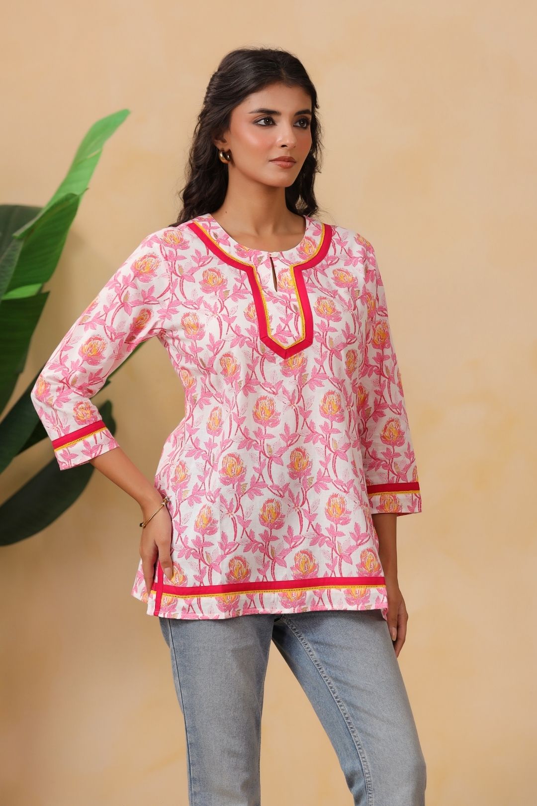 White and Pink Floral Cotton Tunic