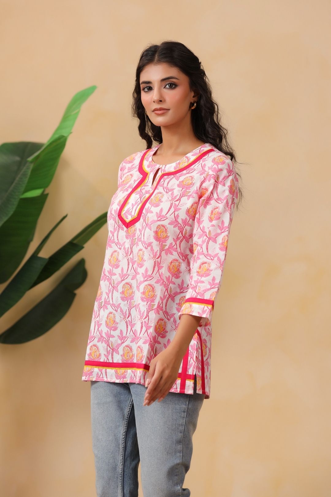 White and Pink Floral Cotton Tunic