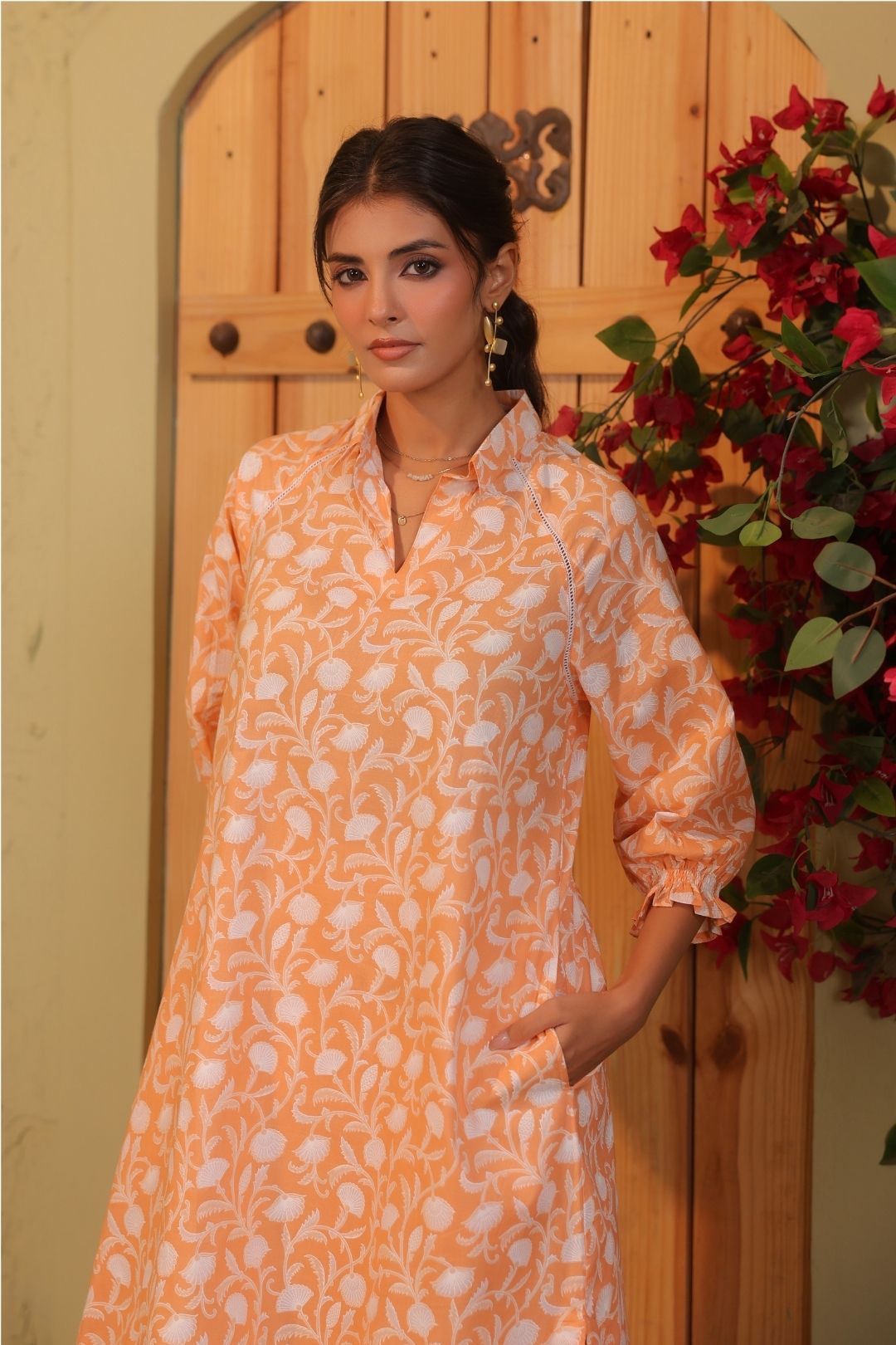 Orange Sunshine Khadi Print Kurta Set