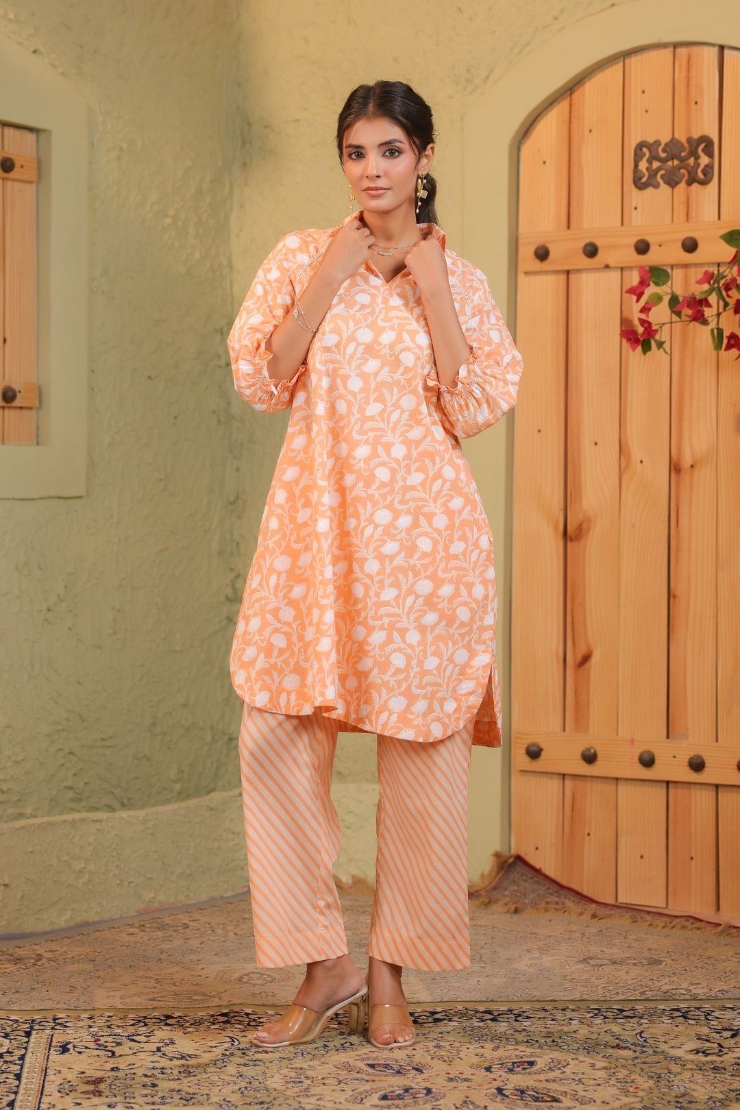 Orange Sunshine Khadi Print Kurta Set