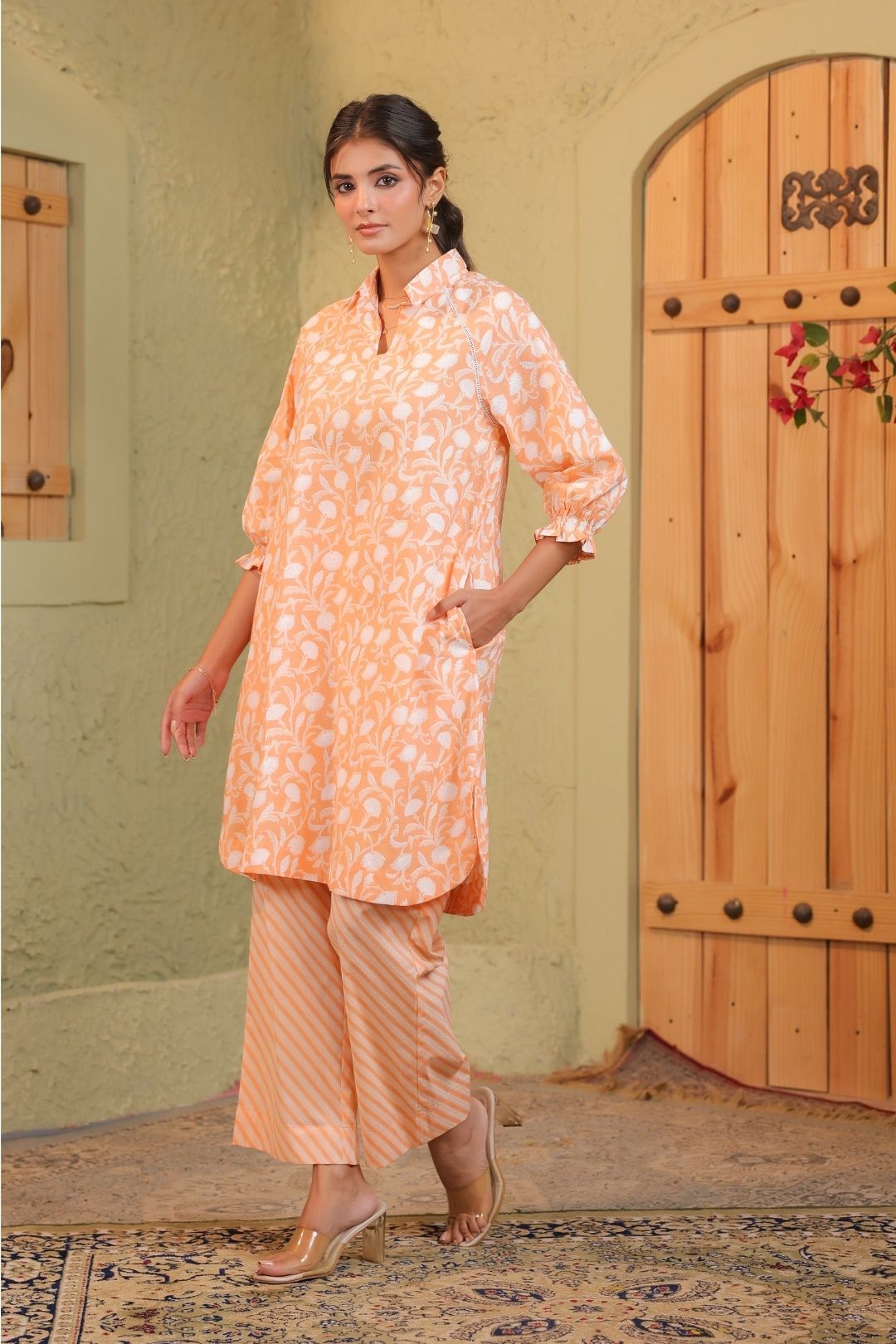 Orange Sunshine Khadi Print Kurta Set