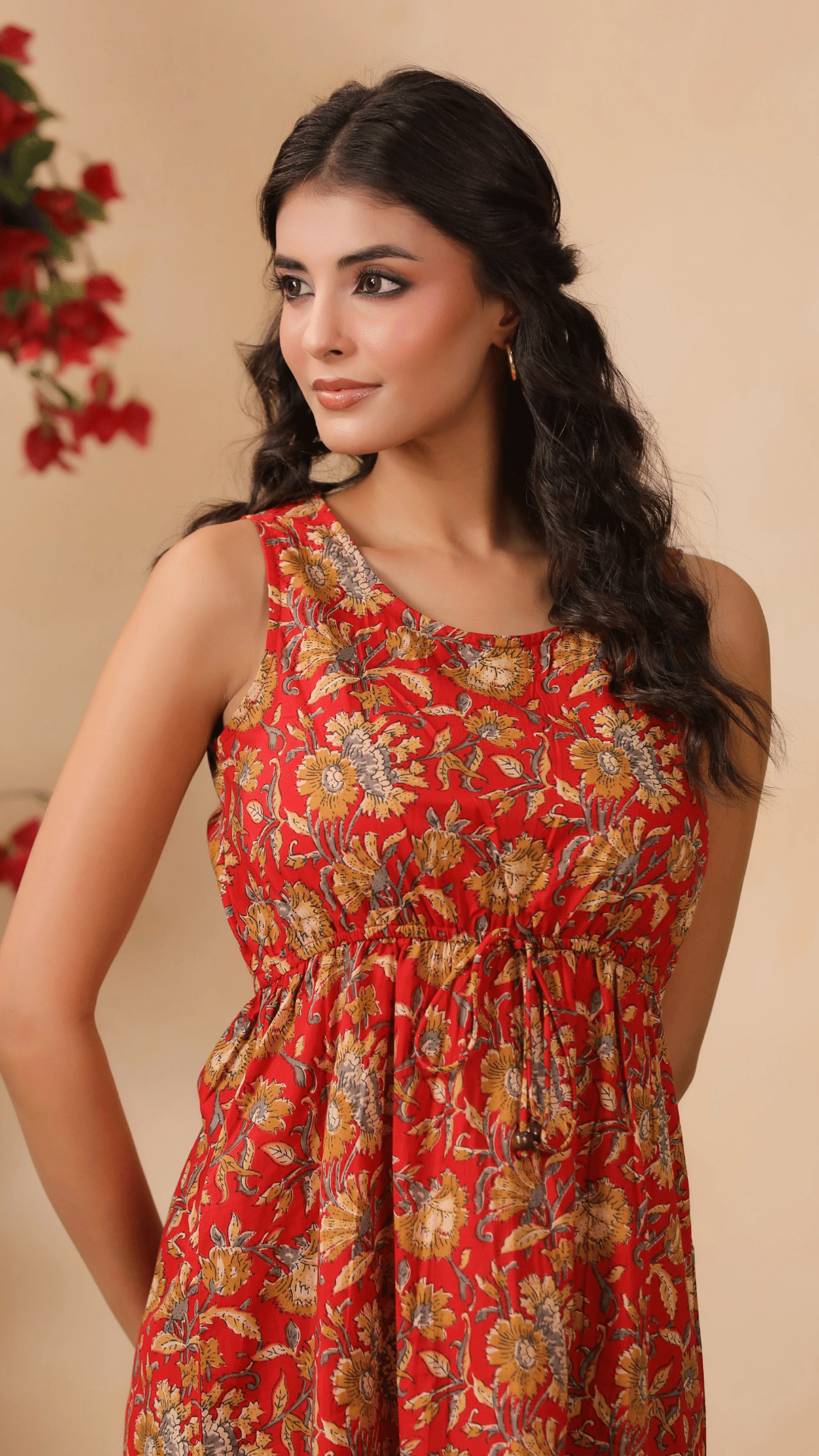 Red Floral Print Drawstring Dress