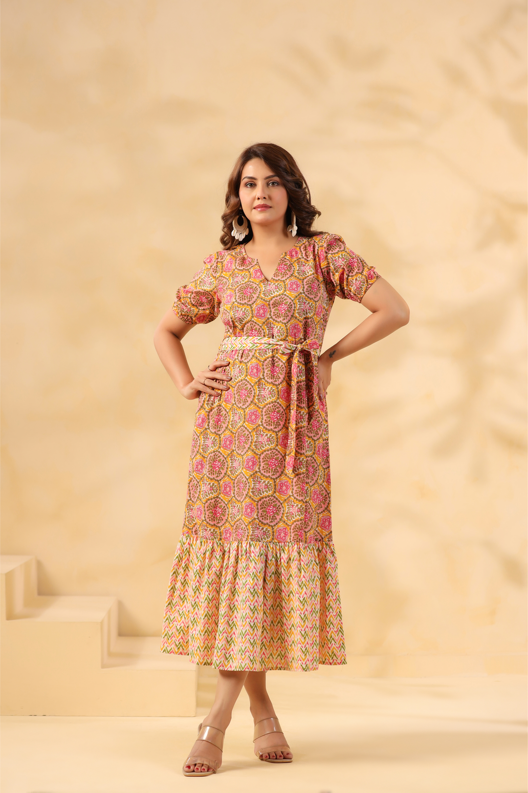 Elegant cotton kurta dress with floral and geometric patterns, perfect for daily wear or celebrations.