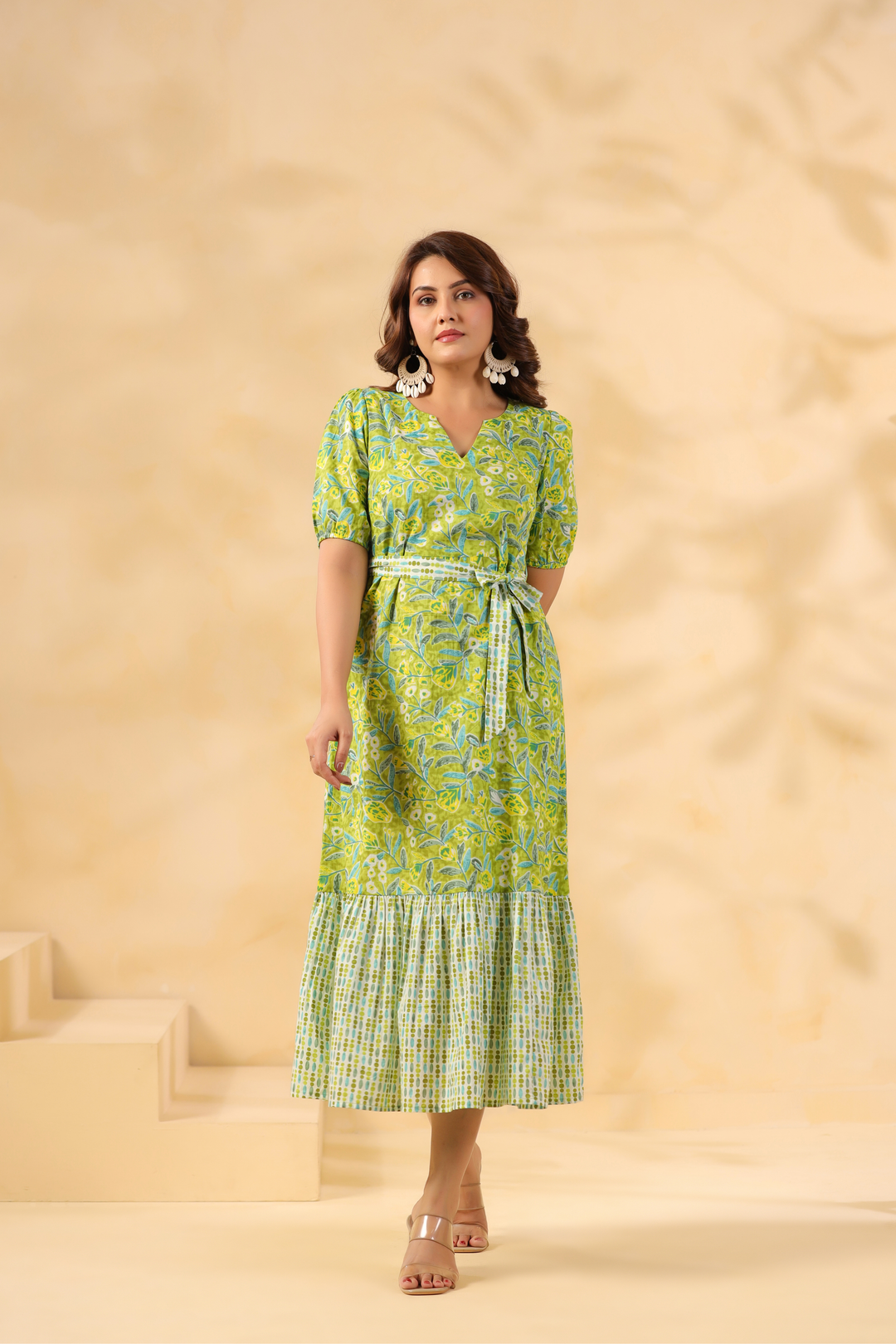Green floral cotton kurta dress with tiered hem and belt for women