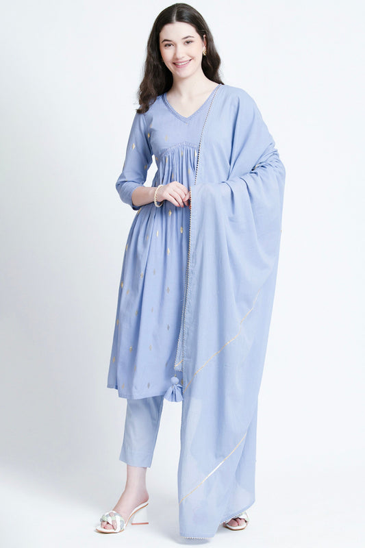 ICE BLUE COTTON LUREX LONG KURTA AND PANT SET
