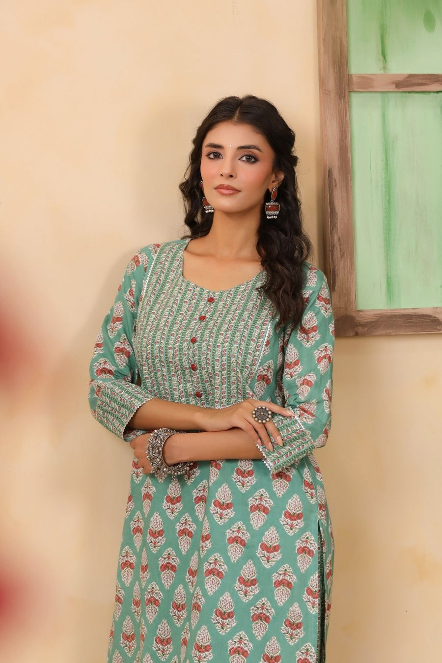 Green Mughal Print Cotton Kurta Set