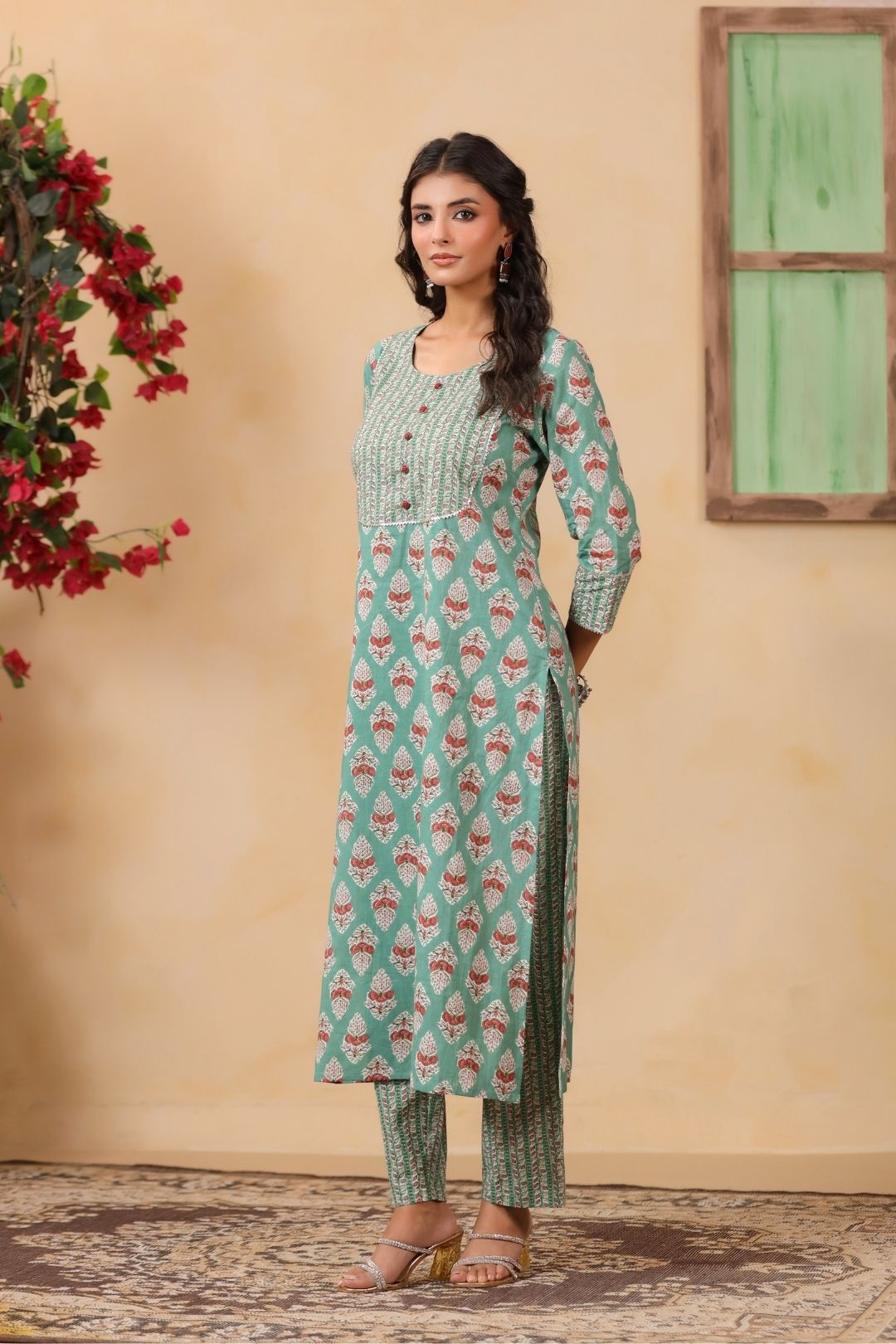 Green Mughal Print Cotton Kurta Set