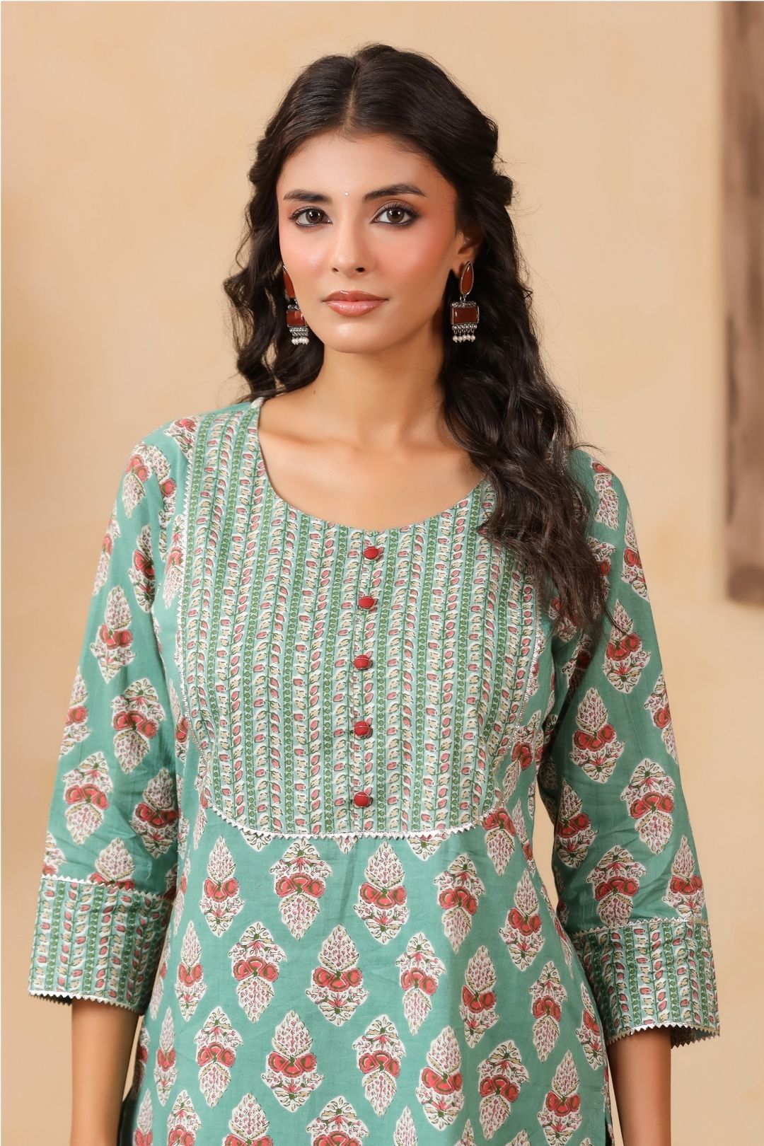 Green Mughal Print Cotton Kurta Set