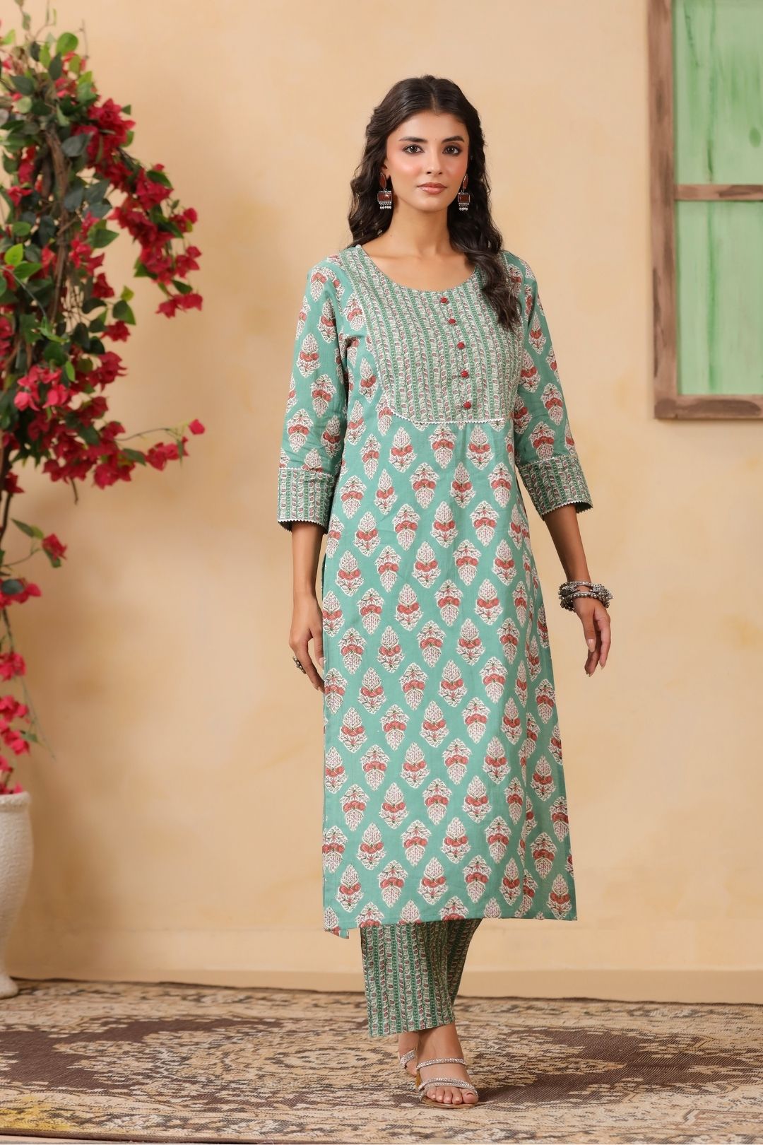 Green Mughal Print Cotton Kurta Set