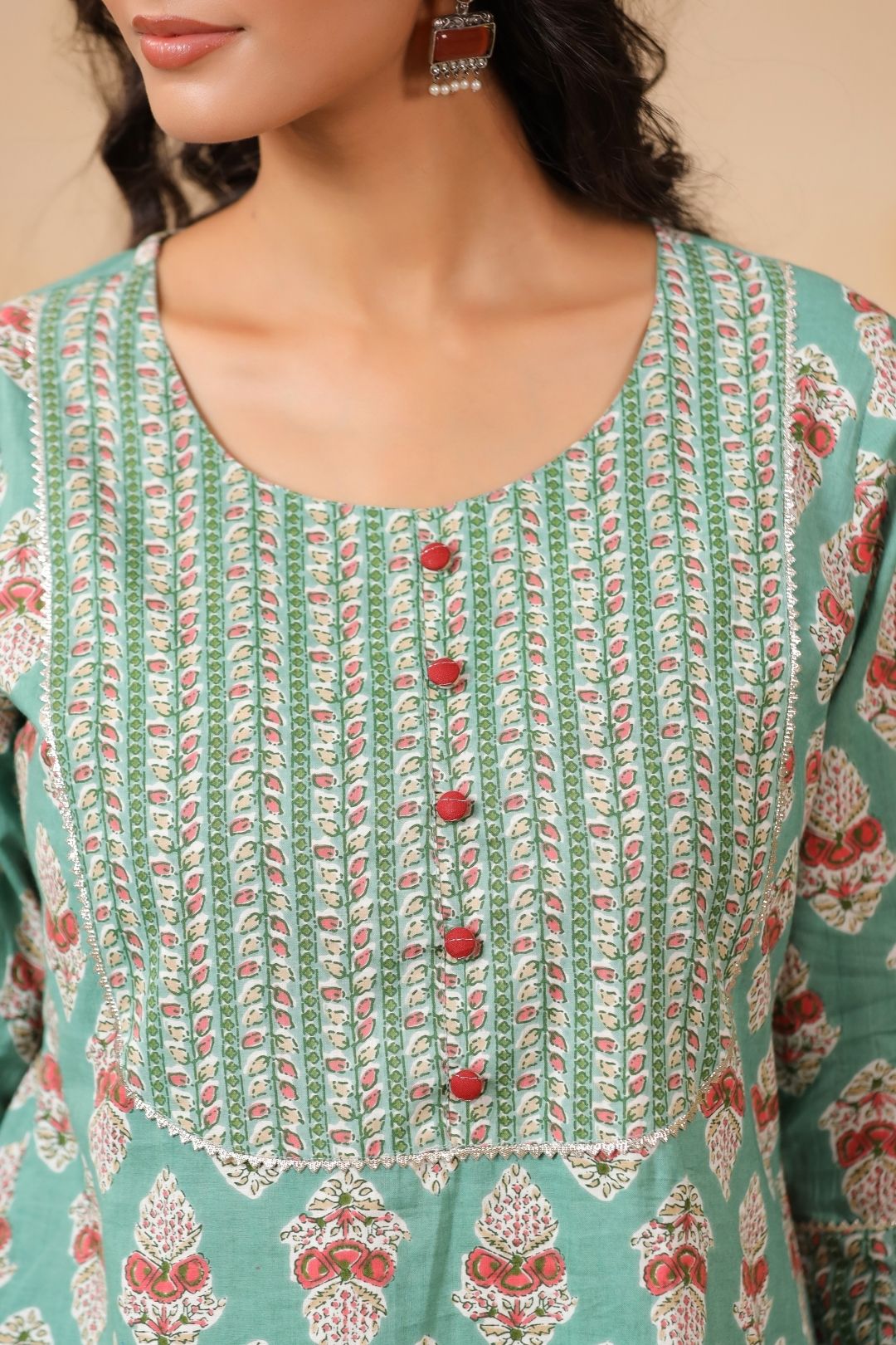 Green Mughal Print Cotton Kurta Set