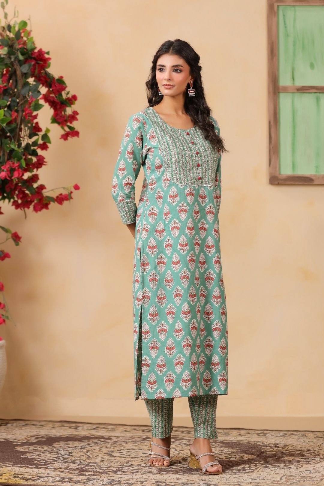 Green Mughal Print Cotton Kurta Set