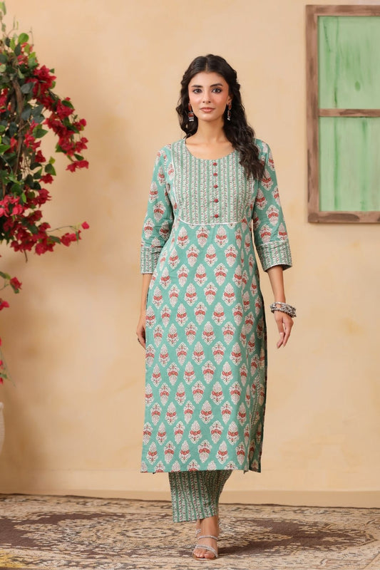 Green Mughal Print Cotton Kurta Set