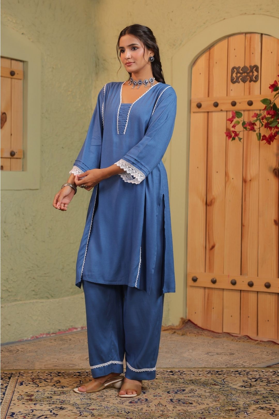 Blue Straight Fit Co-ords Set  for Women