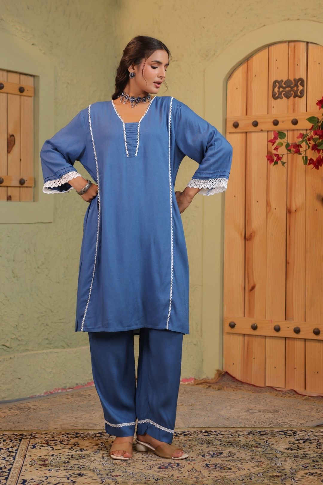 Blue Straight Fit Co-ords Set  for Women