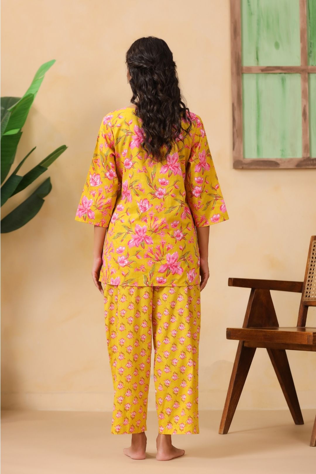 Mustard Floral Motifs Night Wear Set