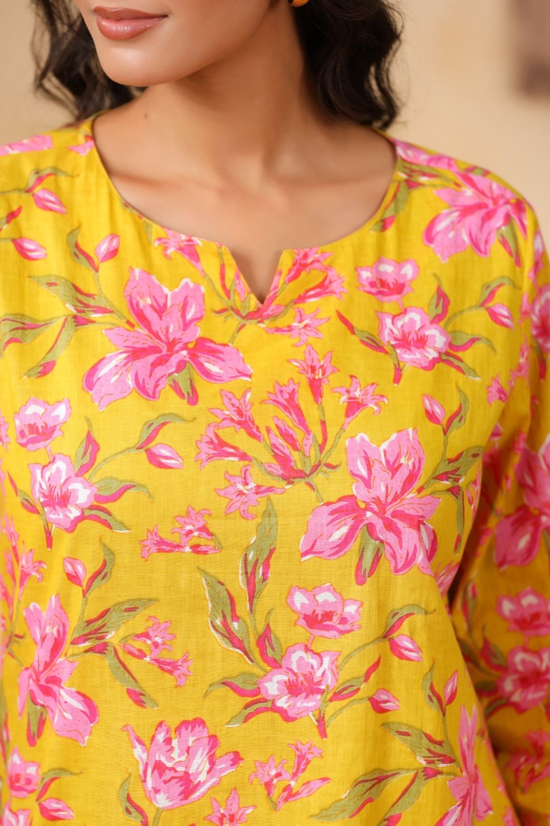 Mustard Floral Motifs Night Wear Set