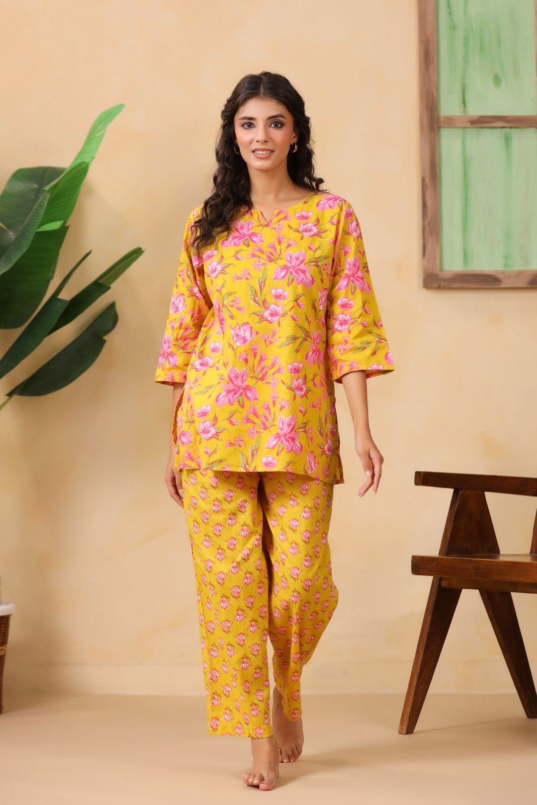 Mustard Floral Motifs Night Wear Set