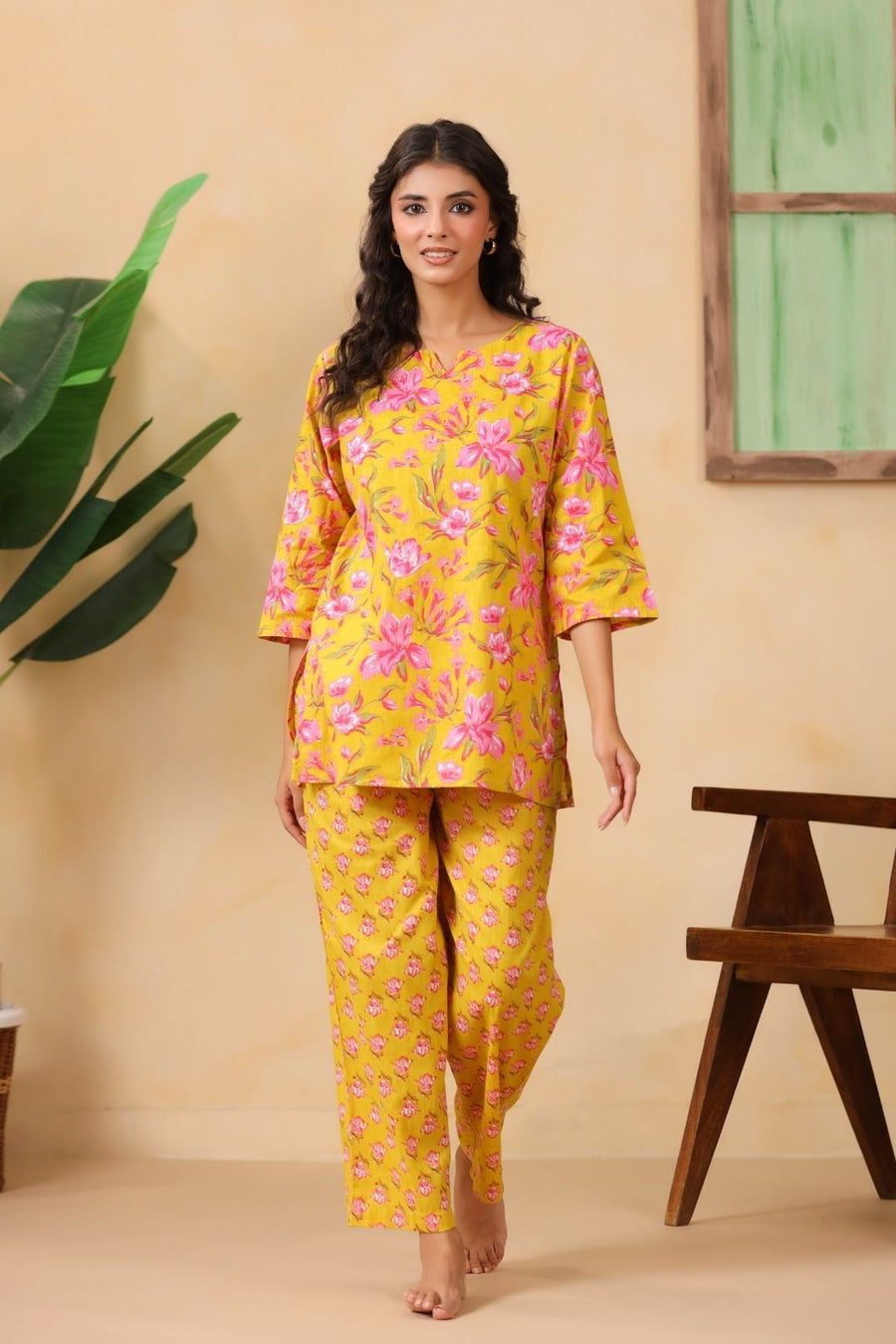 Mustard Floral Motifs Cotton Night Wear Set