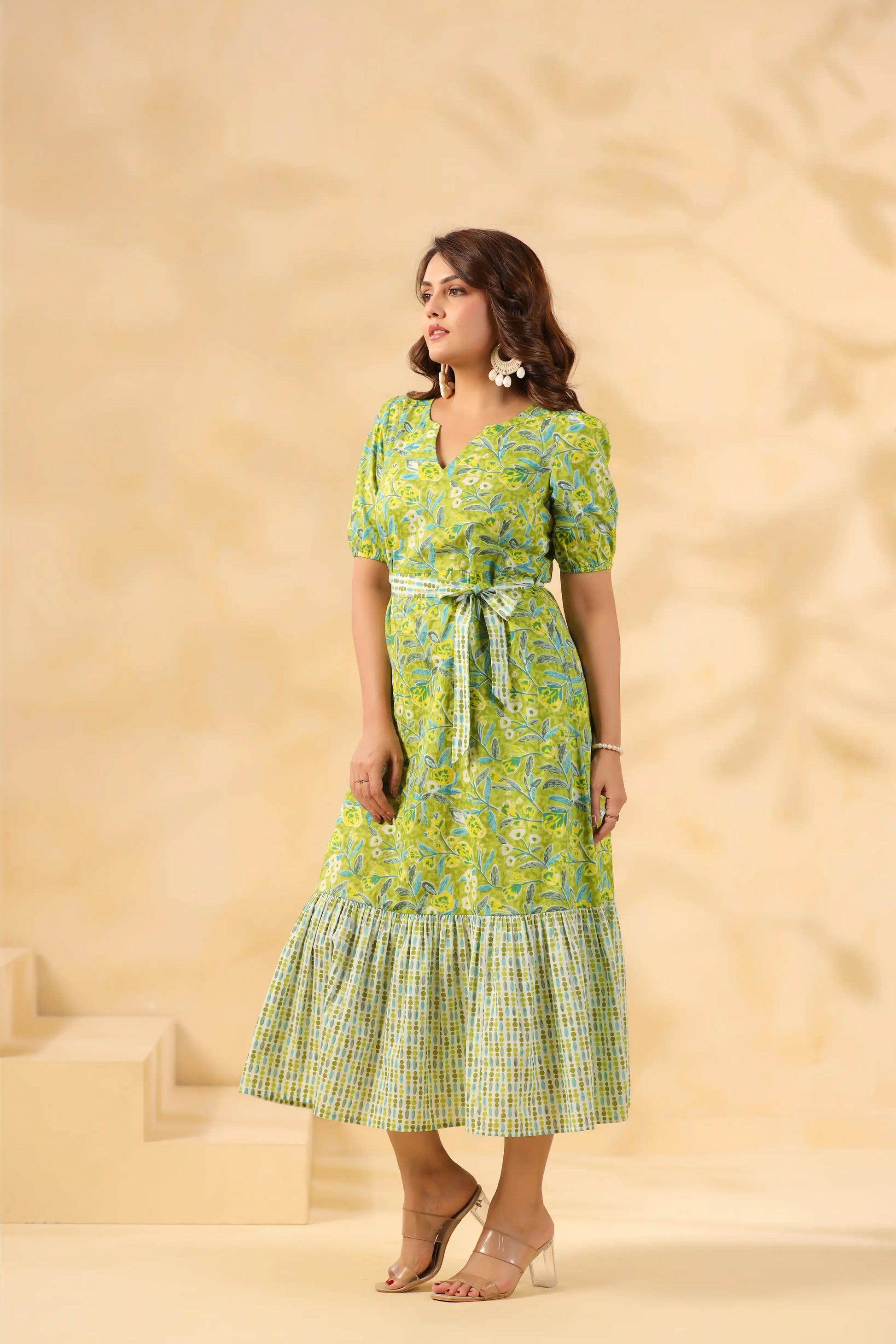 Green floral print cotton dress with tiered skirt and tie waist for women