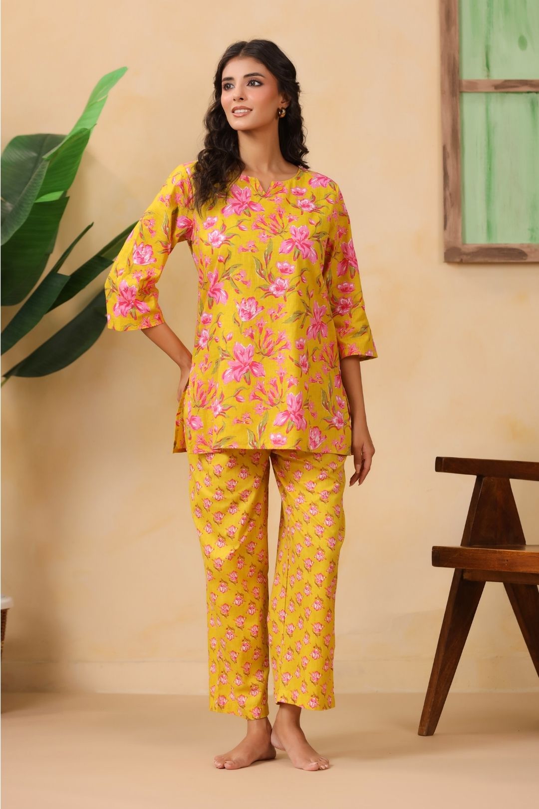 Mustard Floral Motifs Night Wear Set