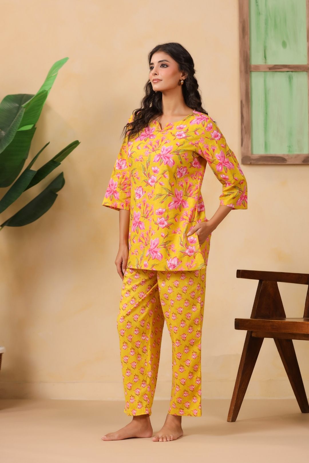 Mustard Floral Motifs Night Wear Set