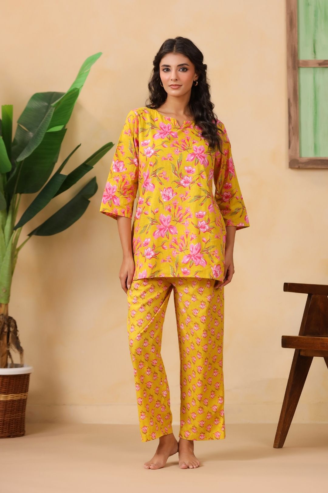 Mustard Floral Motifs Night Wear Set