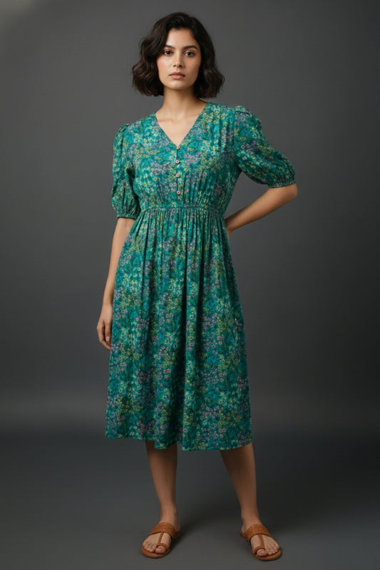 Dark Green Floral Cotton Midi Dress for Women | Fit & Flare V-Neck Casual Dress