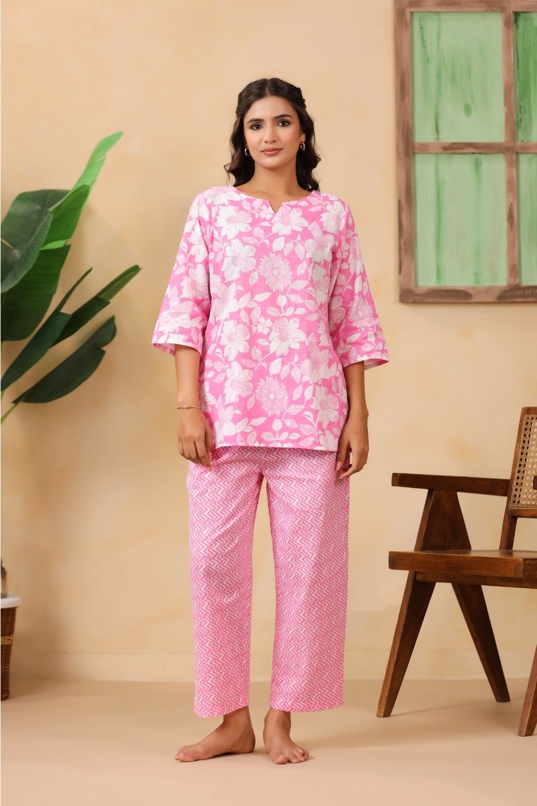 Light Pink Floral Motifs Night Wear Set