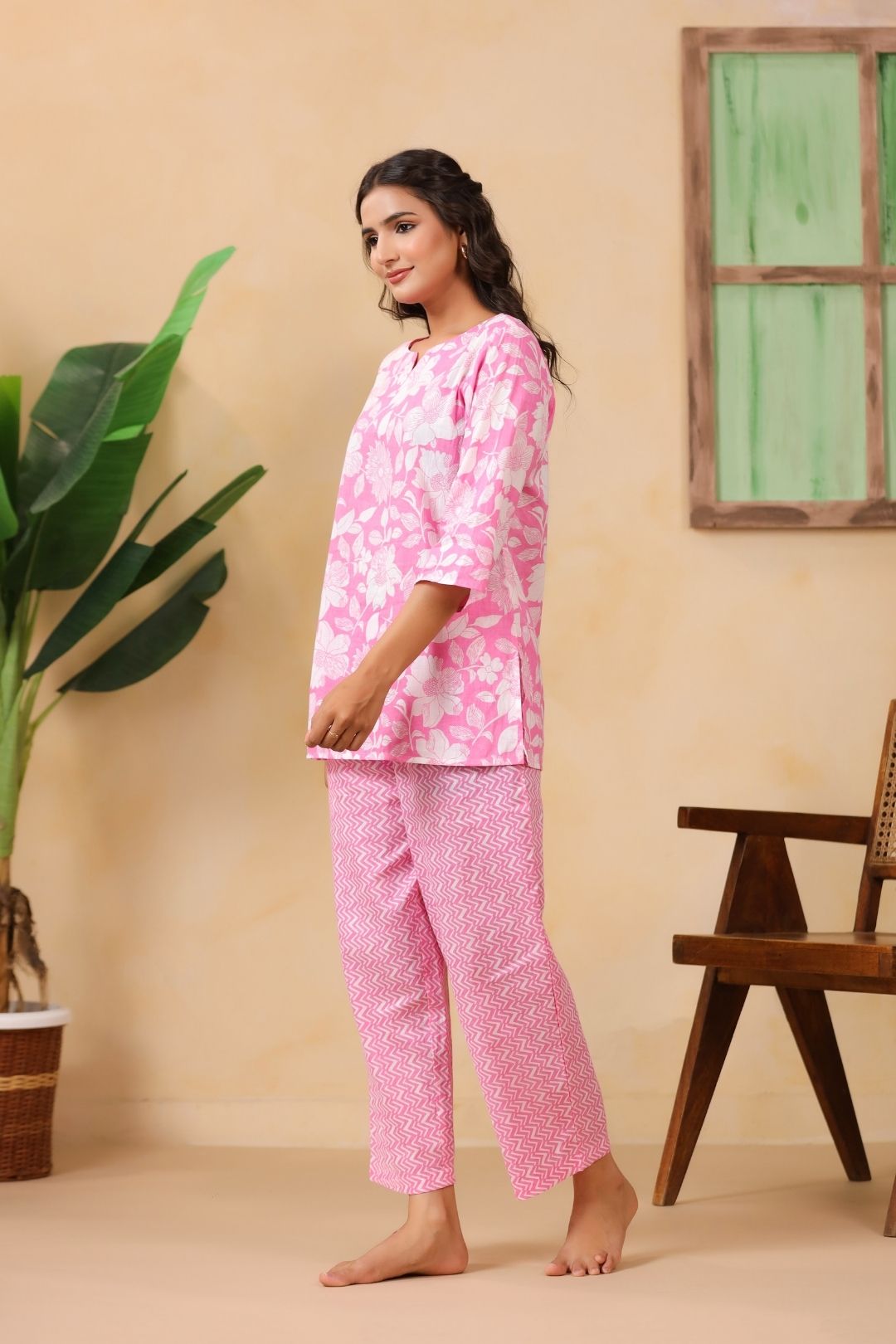 Light Pink Floral Motifs Night Wear Set