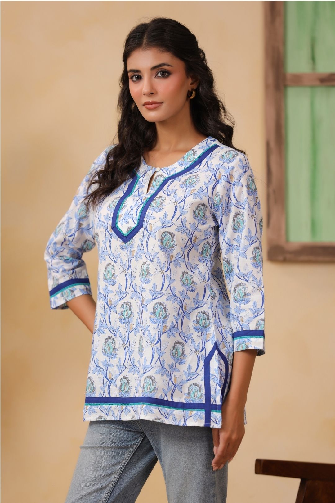White and Blue Floral Cotton Tunic