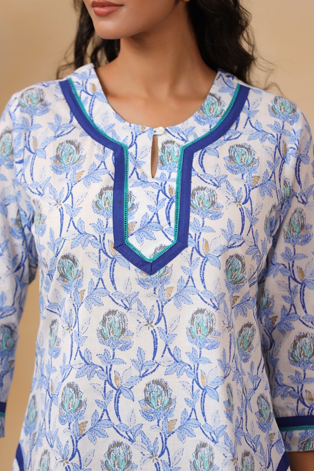 White and Blue Floral Cotton Tunic