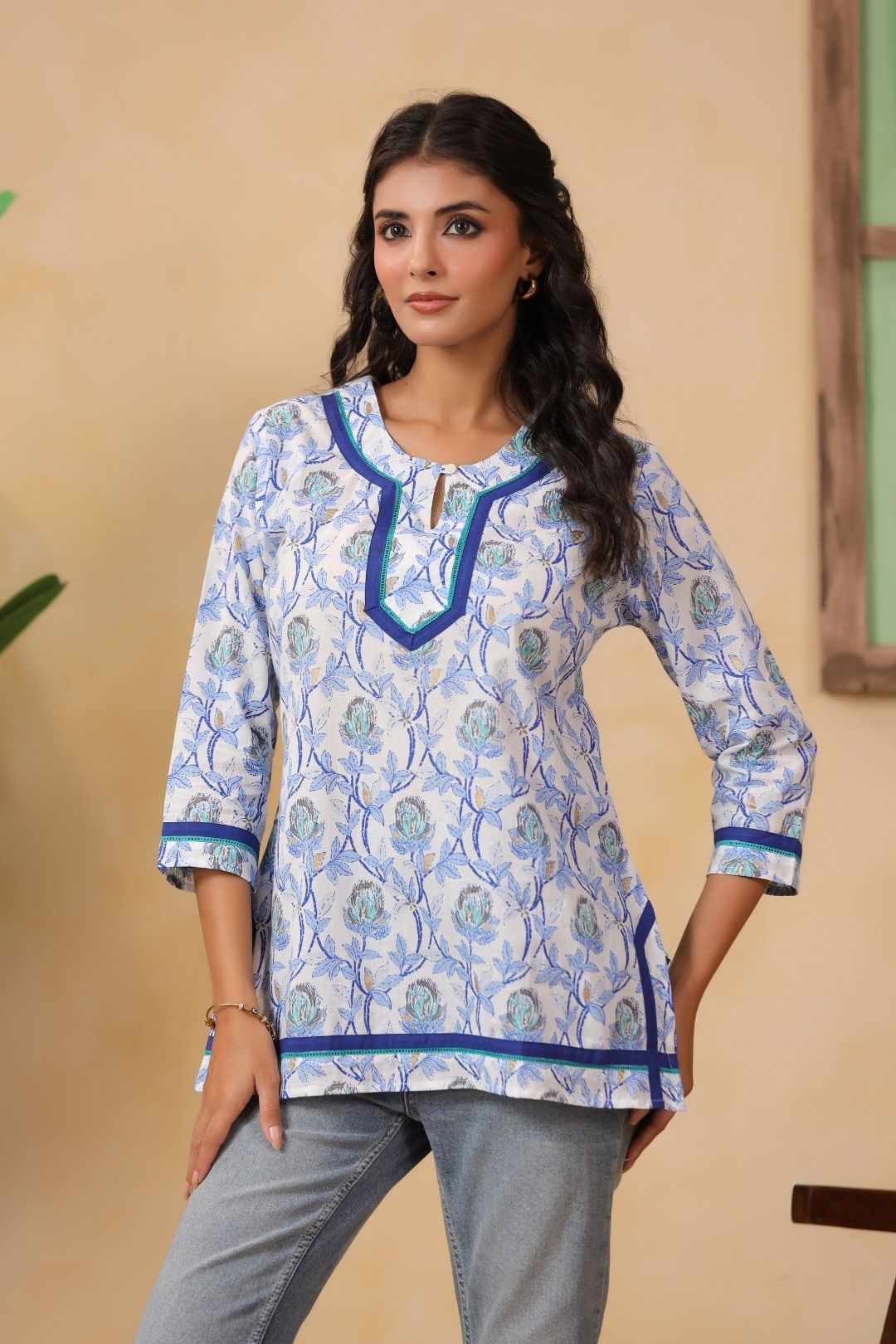 White and Blue Floral Cotton Tunic