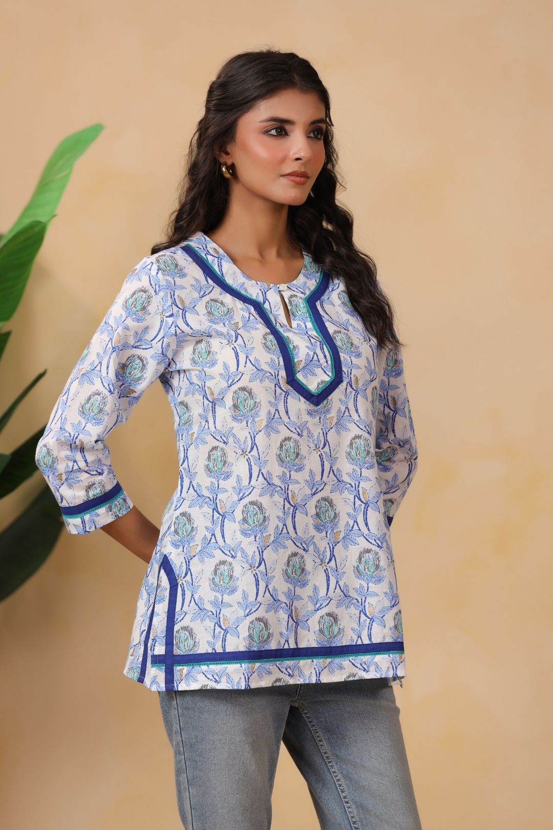 White and Blue Floral Cotton Tunic