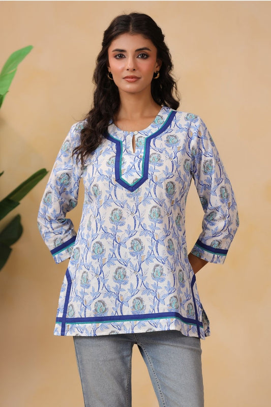White and Blue Floral Cotton Tunic