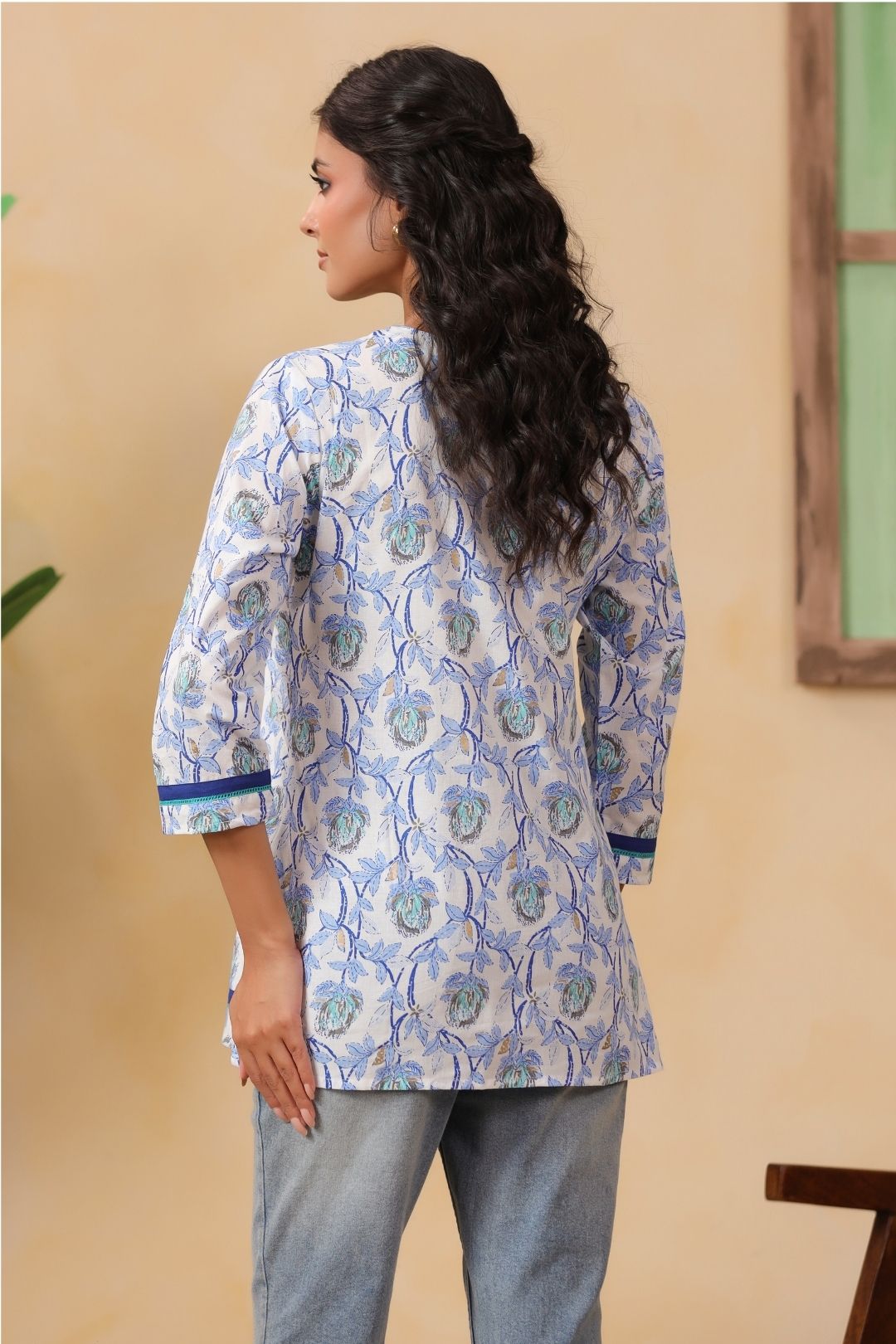 White and Blue Floral Cotton Tunic