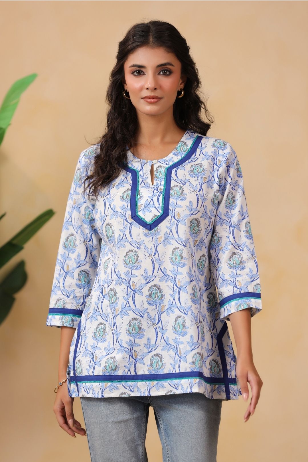 White and Blue Floral Cotton Tunic