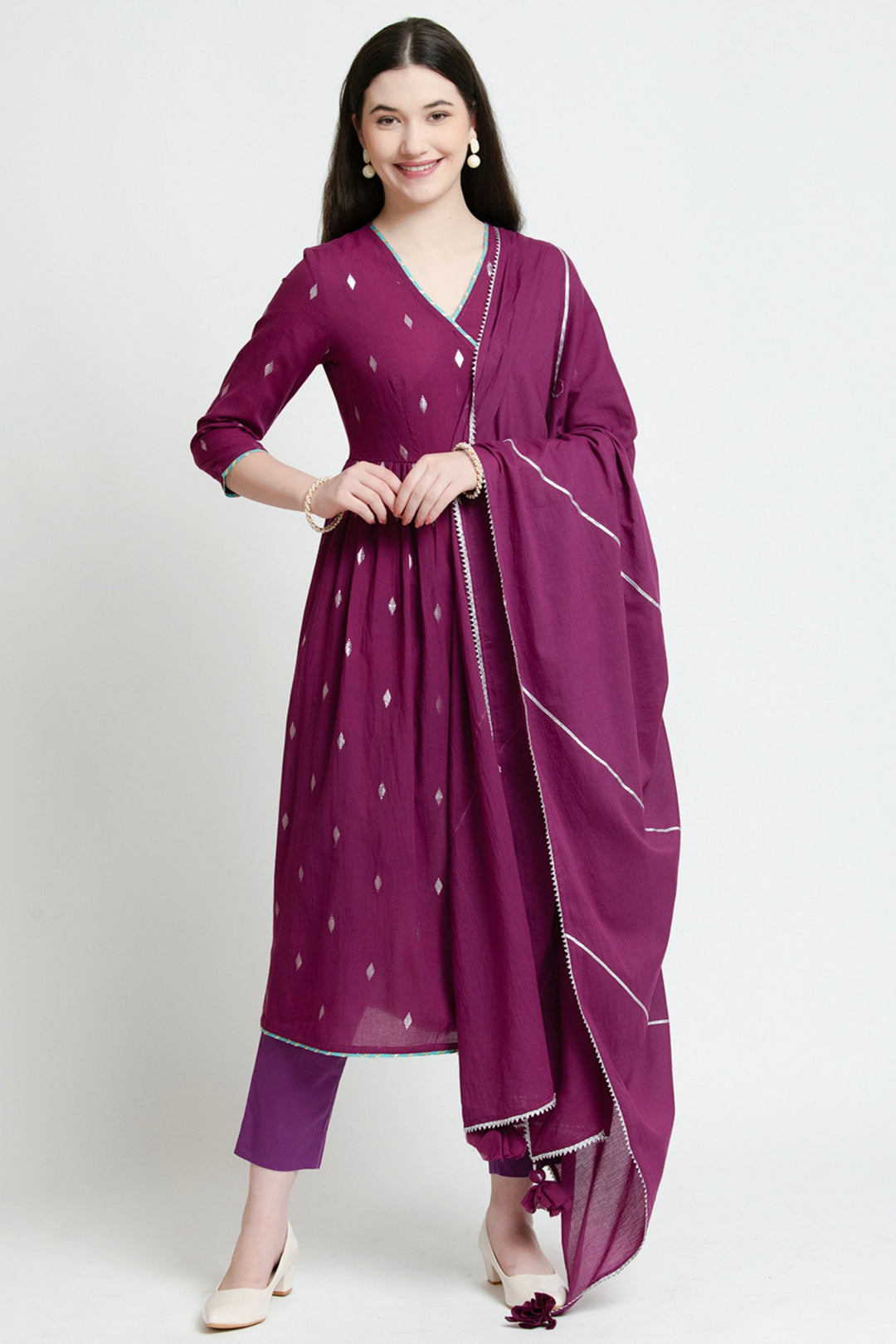 Purple cotton kurta set with diamond print and matching dupatta for women