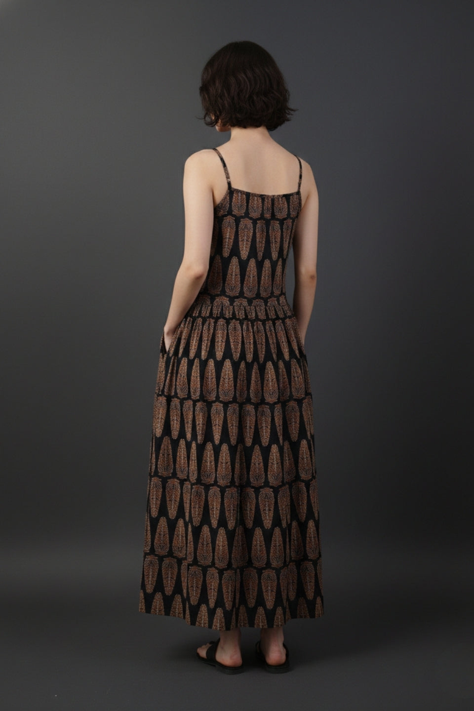 Back view black geometric printed midi dress cotton fit and flare strappy V-neck casual wear