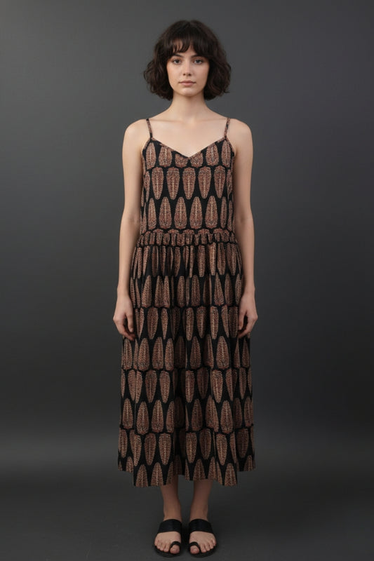 Front view black geometric midi dress cotton fit and flare strappy V-neck casual outfit