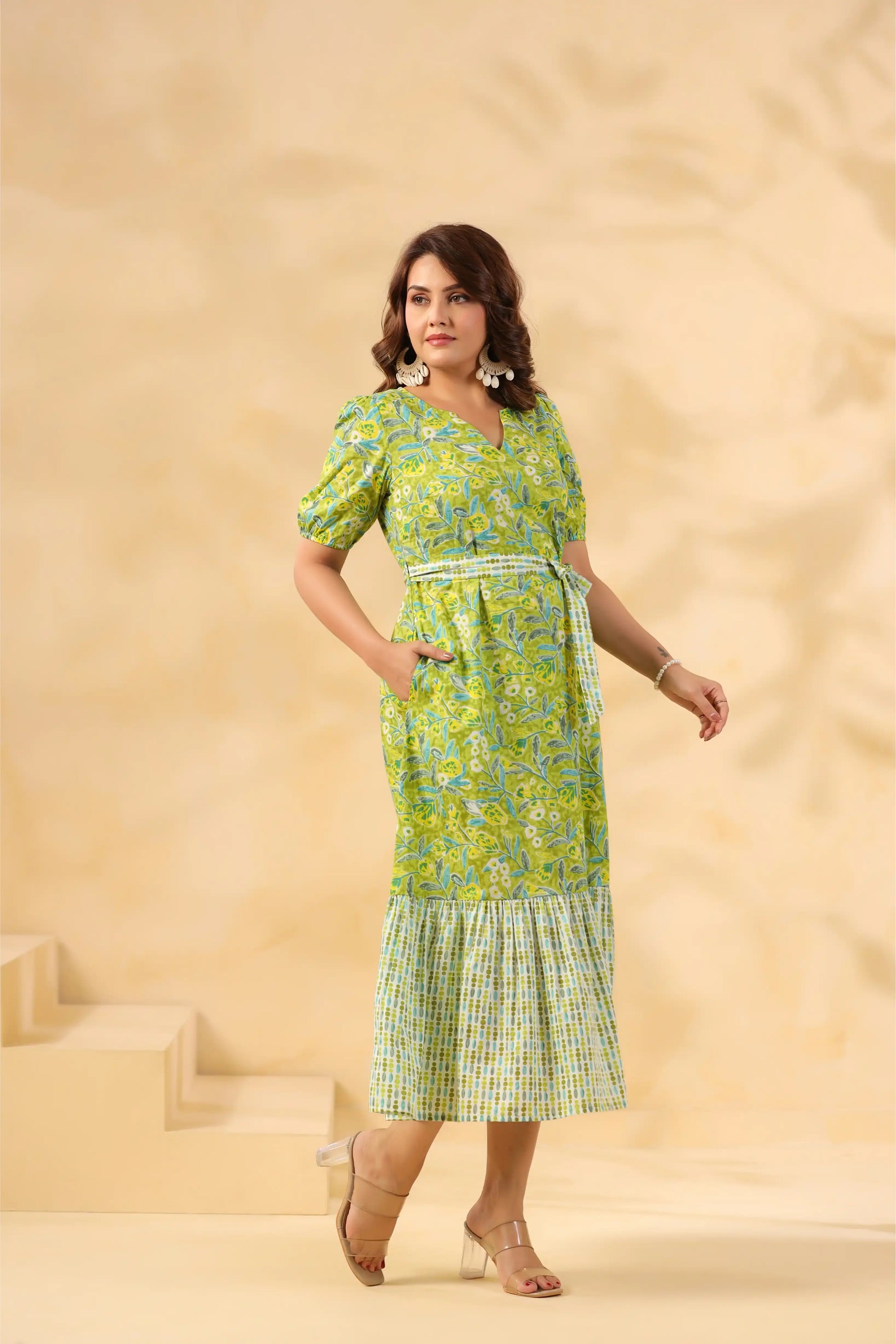 Green floral cotton kurta set with tiered skirt for women, elegant and comfortable daily wear