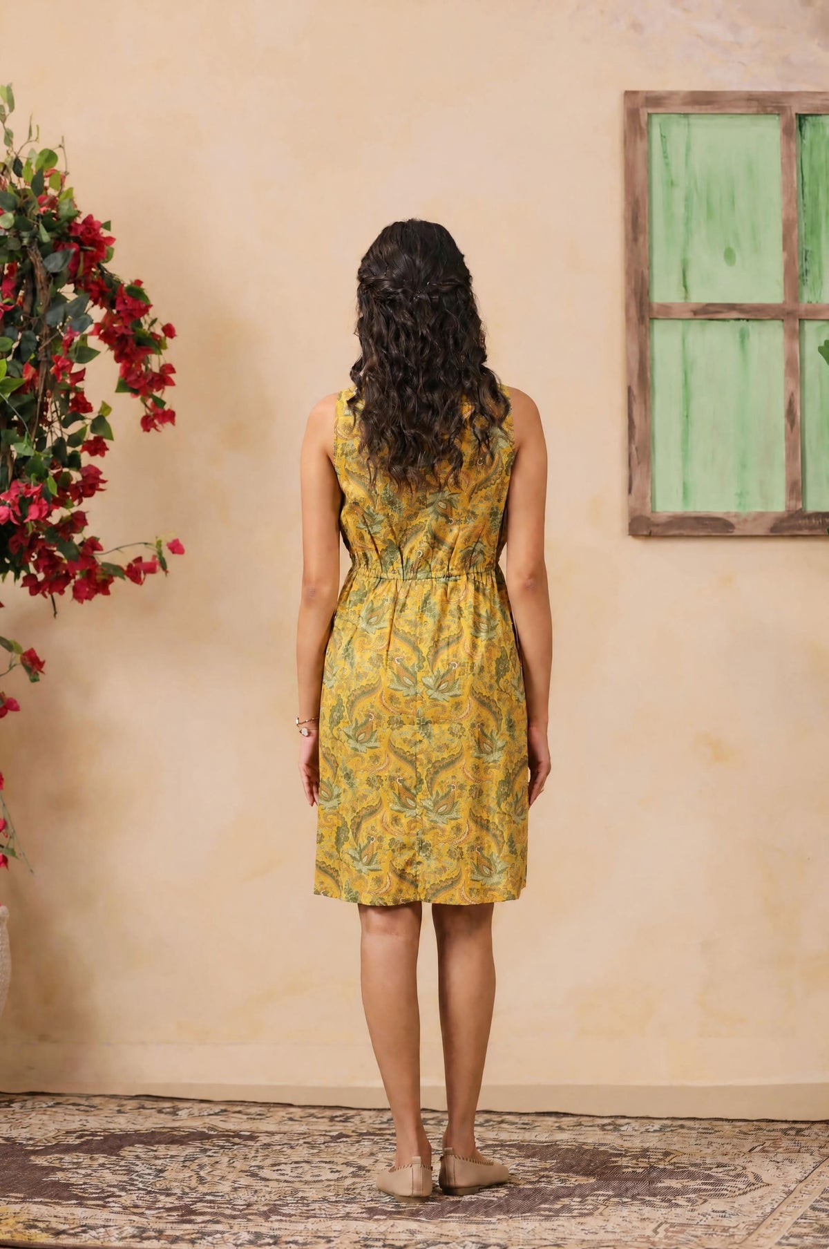 Mustard Paisley Print Drawstring Dress