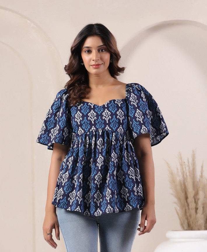 Blue and white printed cotton kurta with puff sleeves, perfect for daily wear or office