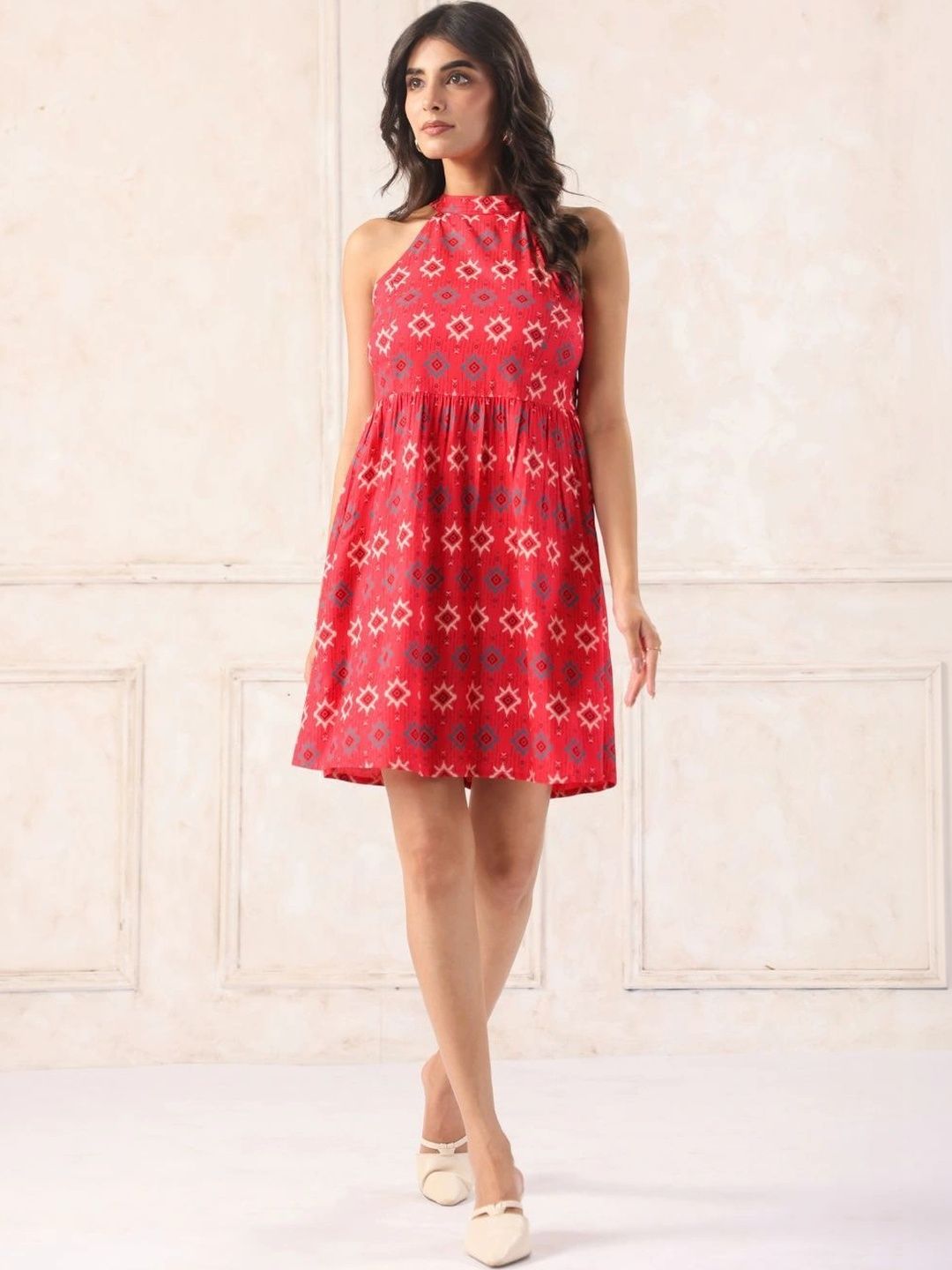 Red Ikat Print Halter Neck Mini Dress