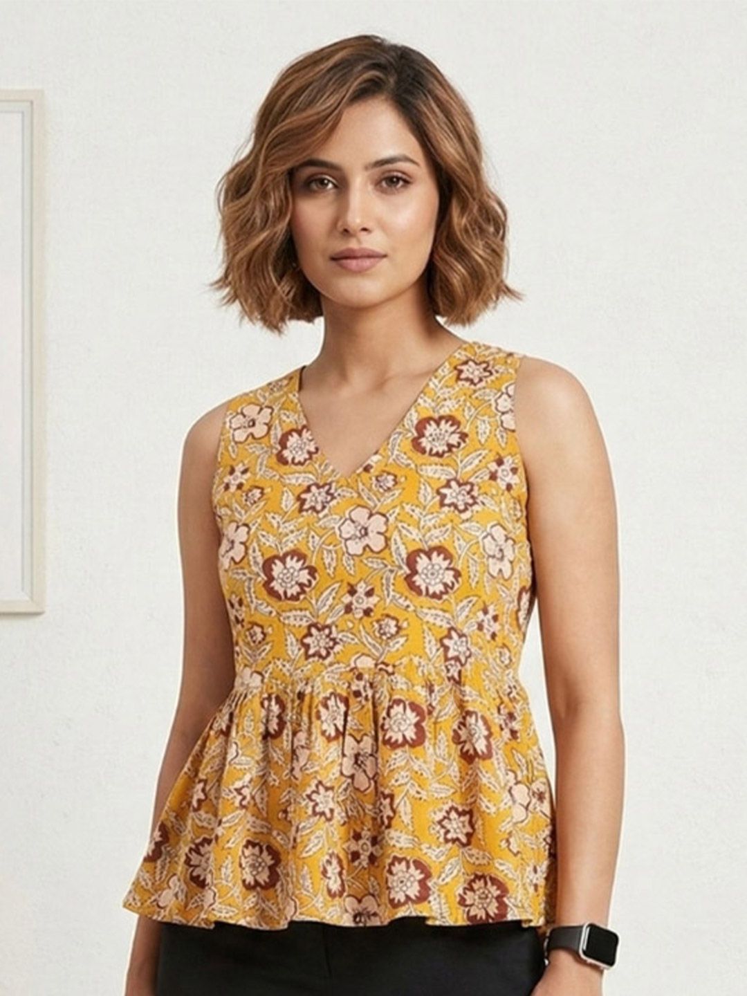 Mustard Floral Block Print Cotton Peplum Top