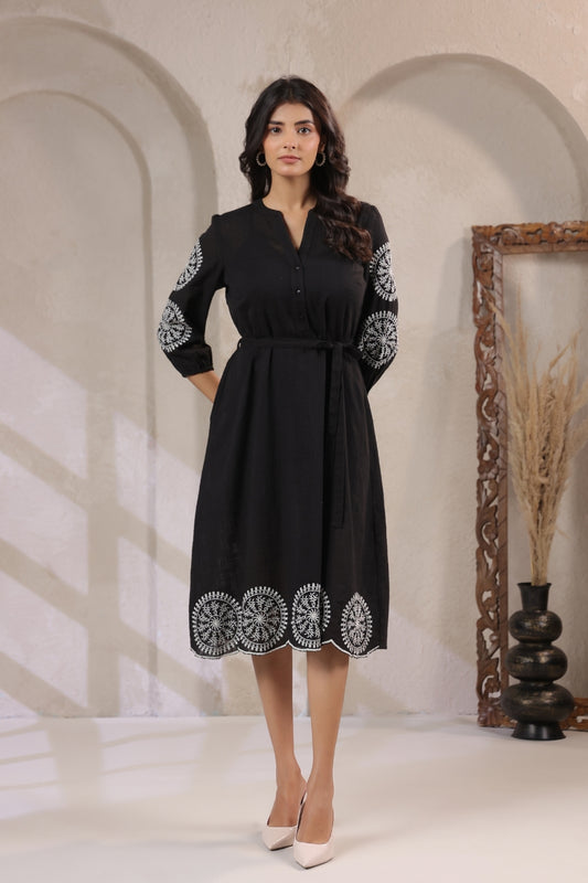 Black Embroidered Cotton Midi Dress for Women